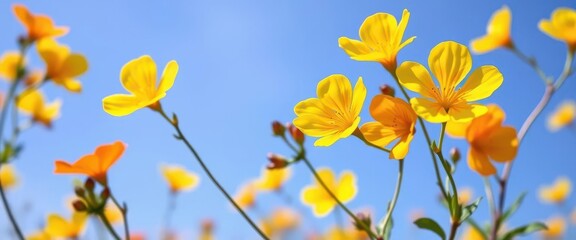 Wall Mural - Bright yellow and orange Bacopa monnieri blossoms contrast vividly against a clear blue sky, photography, medicinal