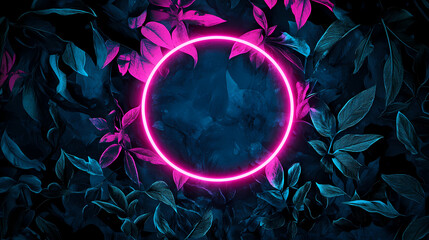Wall Mural - Neon pink and blue glowing circular frame with dark foliage in surreal digital pattern for phone wallpapers and tech branding. Mystic Branding. Illustration