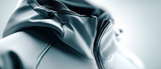 Poster - A close-up shot of a sleek, modern hooded jacket featuring a prominent zipper and smooth fabric.