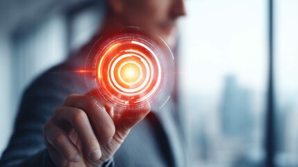 Poster - Man's hand interacting with a digital interface showing a glowing, red target in office setting.
