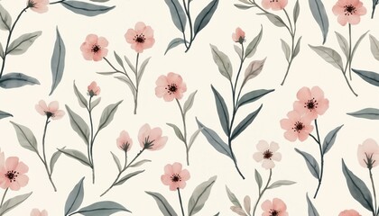 Poster - Light pink flowers gray leaves on cream background. Simple flat floral pattern perfect for textile, wallpaper, fabric print, seamless designs. Repeating romantic illustration for fashion, design.