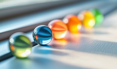 Poster - A vibrant row of glass marbles catches the sunlight, creating a colorful and captivating display.