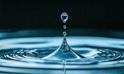 Poster - Captivating close-up of water droplets impacting a serene pool, creating mesmerizing ripples in blue.