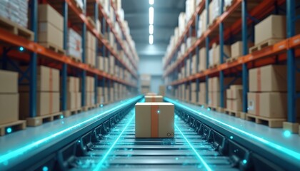 Aufkleber - Cardboard boxes move on conveyor belt, warehouse storage. Digital lines symbolize automation, tech, logistics. Boxes on shelves, represents distribution, shipping, e-commerce, delivery service,