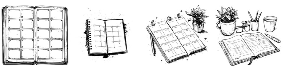 Different types of planners and calendars displayed on a textured background for organization and scheduling tasks effectively