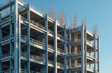 Poster - Modern high-rise steel frame building under construction against clear blue sky. New architecture construction site exterior. Urban development project. Steelwork framework, structural design.
