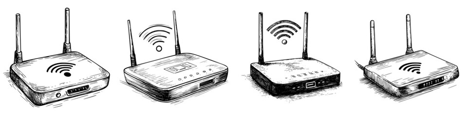 Poster - Different models of wireless routers showing signal strength indicators and antenna placements in a modern digital setup