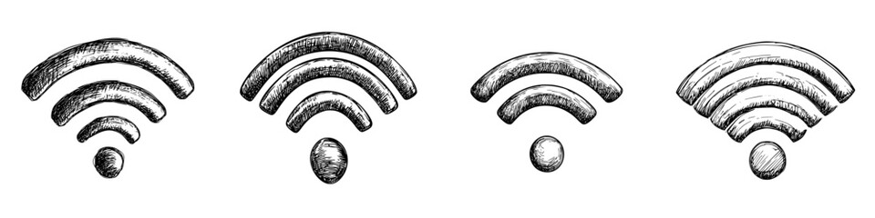 Poster - Concept of wireless connectivity illustrated with hand-drawn Wi-Fi symbols in various signal strengths on a white background