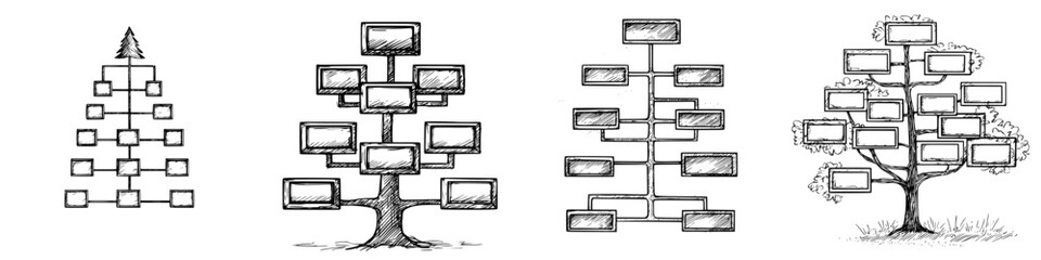 Poster - Flowchart designs showcasing various structures including tree and organizational formats created with simple hand-drawn style