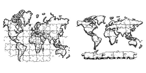 Poster - World map puzzle illustration depicting continents and oceans in a sketch style, emphasizing geography and cartography details