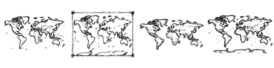 Poster - World maps illustrating different projections and views of the globe across a series of sketches