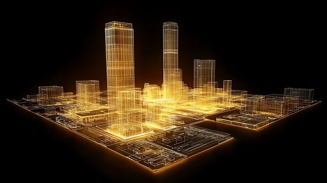 A digital cityscape, illuminated by golden architectural lines.