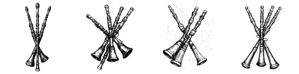 Poster - Decorative illustration of wooden wind instruments arranged artistically with intricate details