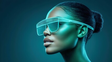 Poster - A stylish woman with vibrant, neon futuristic glasses poses with elegance against a teal backdrop.