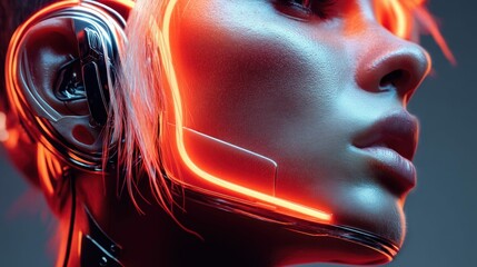Poster - An artistic portrait shows a woman with striking futuristic aesthetics, lit with neon lighting.