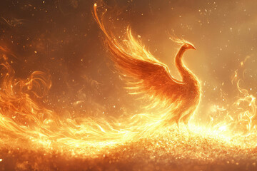 Poster - A fiery phoenix, majestic and radiant, emerges from golden embers, symbolizing rebirth and power.