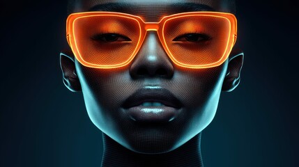 Poster - The portrait features a person in glowing orange glasses, creating a cyberpunk, futuristic style.