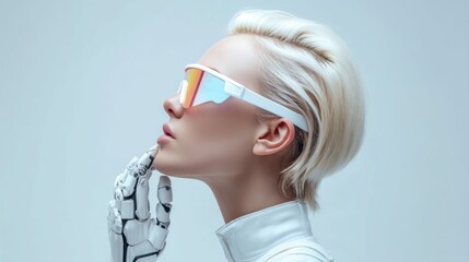 Poster - A stylish woman with futuristic glasses and a robotic hand poses thoughtfully in profile.