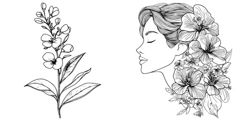 Poster - Stylish line art featuring floral elements intertwined with a woman's profile set against a minimalist background