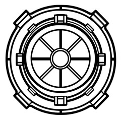 Poster - Detailed circular design featuring a complex arrangement of spokes and structural elements viewed from above in a simplified style