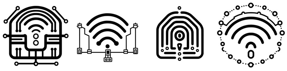 Poster - Various designs of wireless signal symbols in a modern technology layout highlighting connectivity and digital communication