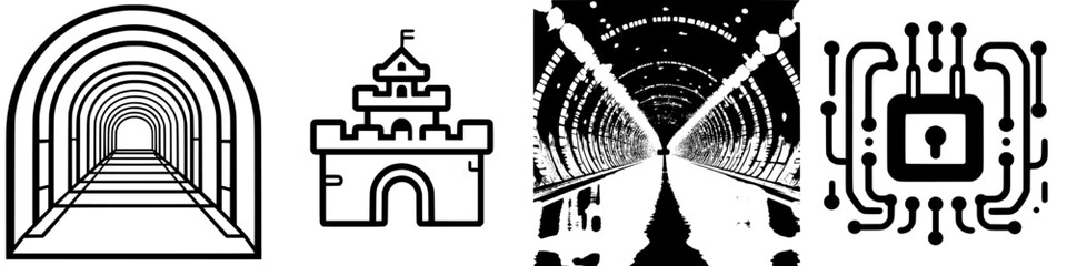 Poster - Abstract representations of a digital journey through tunnels and castles highlighting connectivity and technology