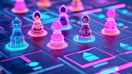 Poster - Neon Nexus, a vibrant sci-fi board game featuring luminous pawns, holographic credits, digital property cards, set on a radiant grid board for immersive gameplay.