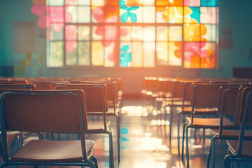 Poster - Empty classroom chairs face a sunlit window with colorful stained glass, suggesting learning or education.