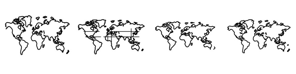 Poster - World map illustrations showing various outlines and lines of latitude and longitude over a minimalist design