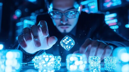 Poster - Entrepreneurial Gambit, a modern business leader in a sharp suit playfully throwing digital dice amidst a stock market table, surrounded by dynamic holographic AI displays.