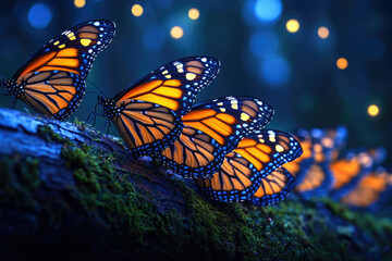 Poster - Glowing Monarch butterflies perched on a mossy log at night, magical scene.