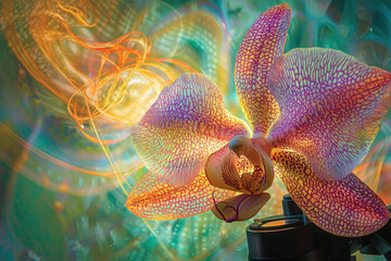 Poster - A vibrant orchid blossom, bathed in iridescent light and swirling smoke, creates a surreal and artistic image.