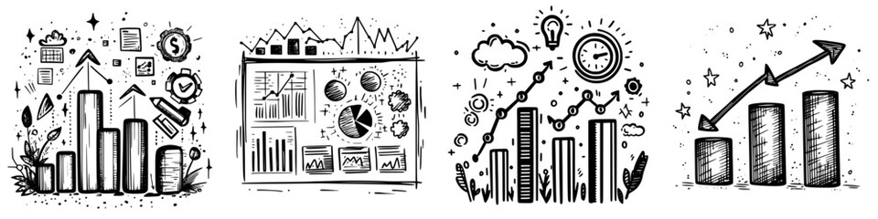 Poster - Business analytics illustrations showing growth trends, data visualization, and performance metrics in a creative style