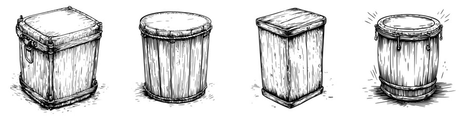 Poster - Various wooden drums and percussion instruments illustrated in black and white on a plain background
