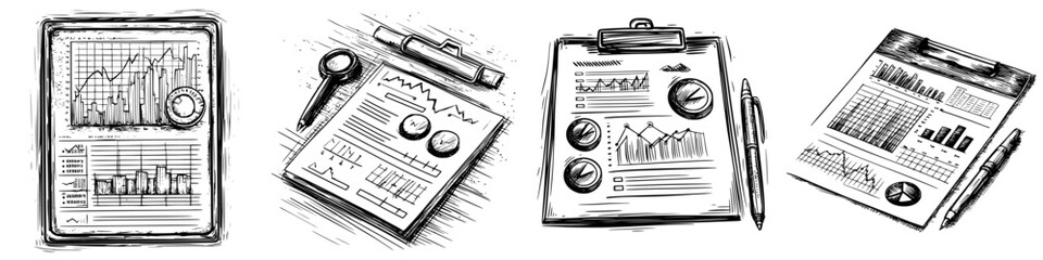 Poster - Graphs and reports illustrate business progress with charts and analyses on various documents and writing tools displayed on a table
