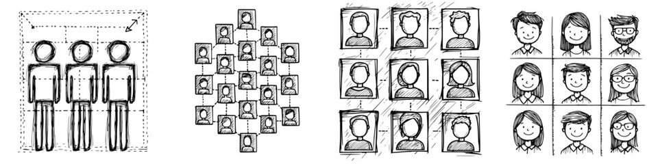 Poster - Creative sketches illustrating group dynamics, networking, and teamwork in collaborative environments