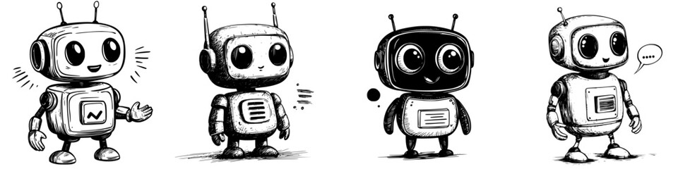 Poster - Cute cartoon robots with varied expressions and poses showcasing personality and charm in a whimsical art style
