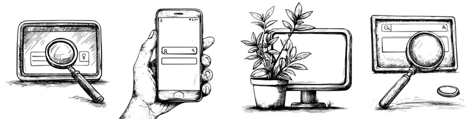 Poster - Exploring digital search tools through hand-drawn illustrations showcasing devices and plants in a creative layout