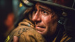 © ABF_MATEO - A firefighter in uniform hugs another, showing emotion after an event. The image captures the emotional aftermath and camaraderie.
