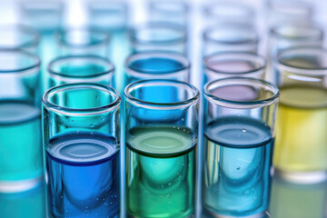 Aufkleber - Close-up of multiple test tubes filled with various vibrant blue, green, and yellow liquids in a laboratory setting.