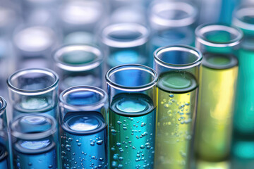 Aufkleber - Close-up of test tubes filled with vibrant blue and green liquids, showcasing scientific research.