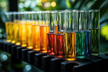 Aufkleber - Colorful test tubes filled with various liquids in a science lab setting.