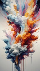 Poster - Abstract Colorful Smoke Explosion Against White Background Emphasizing Bursting Color Dynamics