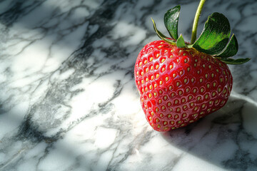 Poster - A single, ripe strawberry rests on a marble surface, bathed in sunlight.