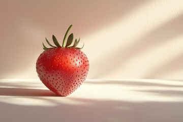 Poster - A single, ripe strawberry sits on a light beige surface, bathed in soft sunlight.