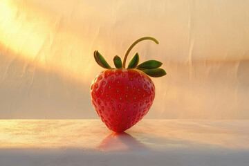 Poster - A single, ripe strawberry sits on a surface, bathed in warm, golden sunlight.