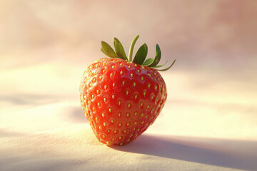 Poster - A single, ripe strawberry sits on a soft, light-colored surface, bathed in warm, golden light.