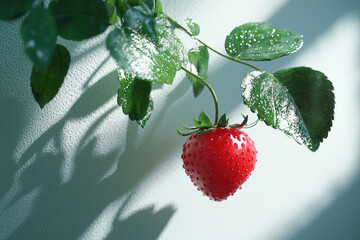 Poster - A single, ripe strawberry hangs from its plant, glistening with dew drops in soft sunlight.