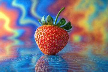 Poster - A single, ripe strawberry sits on a vibrant, colorful, reflective surface.
