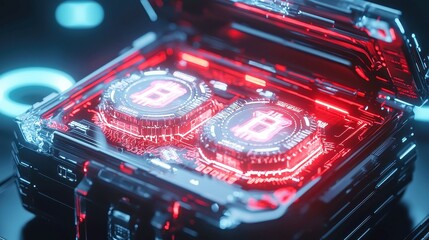 Poster - Futuristic Briefcase Unveiling Neural Data Poker Chips, Patents, Cryptocurrency, Surrounded by Luminous AI Schematics, Signaling the Intersection of Technology and Gaming